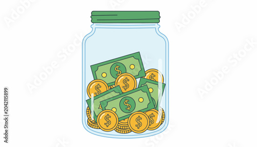 Tableau sur toile Jar filled with money, savings concept, financial planning, cartoon style