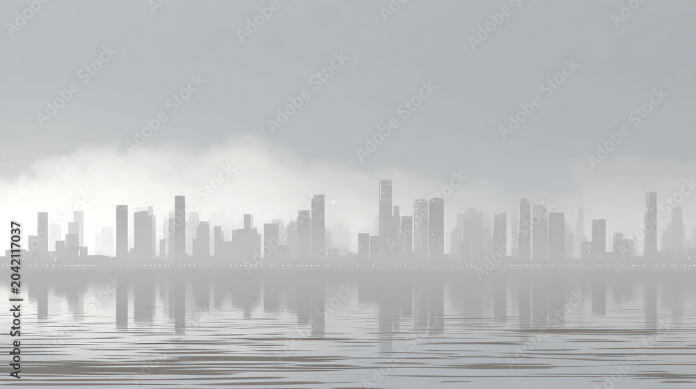 Obraz premium A serene city skyline shrouded in mist, reflecting on the calm water surface, creating a tranquil and atmospheric scene.