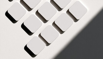 A stark, minimalist arrangement of blank, rounded-corner squares casting subtle shadows