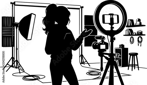Silhouette of young woman recording video on smartphone with ring light and camera on tripod in studio setting for social media content creation
