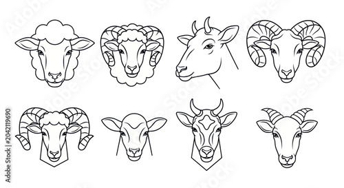 Billede på lærred Various Sheep and Goat Heads Illustration.