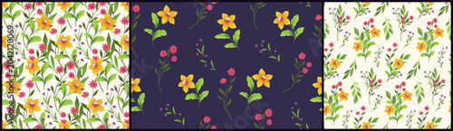 Seamless floral pattern, summer ditsy print of hand drawn watercolor wildflowers. Colorful botanical design of small yellow flowers, large green leaves, wild plants abstract. Vector illustration.