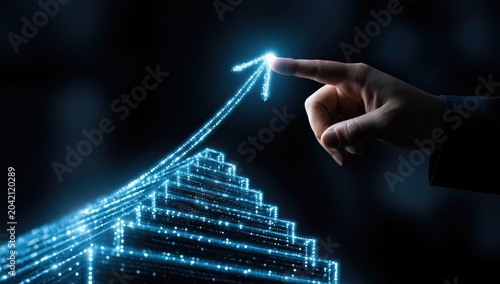 Digitally rendered upward trending arrow emerging from abstract digital steps