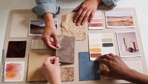 Graphic designer arranging color swatches and fabric samples