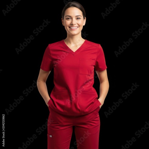 Young female healthcare professional wearing red scrubs standing with hands in pockets.