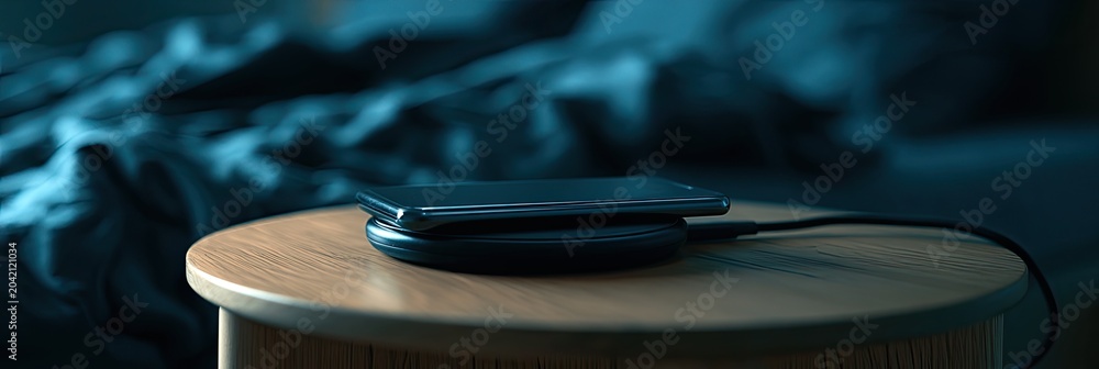 Obraz premium Sleek device on charger on bedside table with rumpled blue sheets