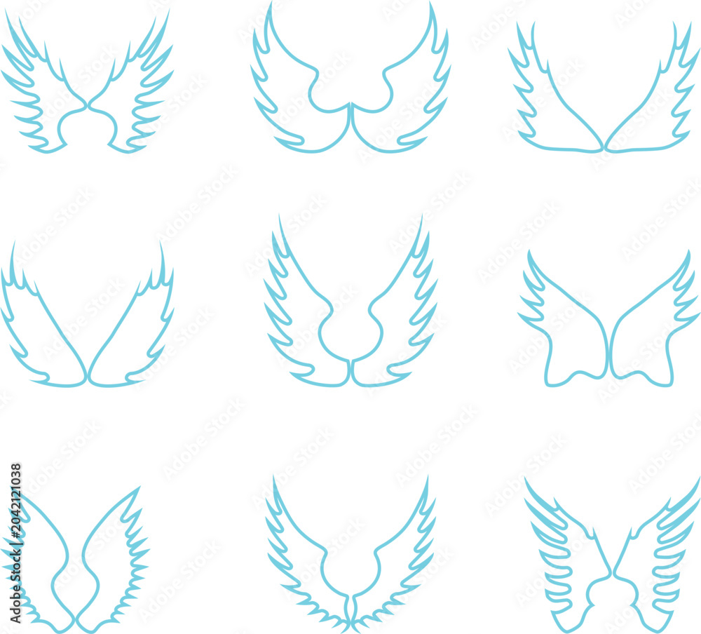Naklejka premium Angel wings blue line art outline vector icons set isolated on white background decoration