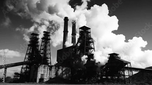 Industrial factory emitting smoke against cloudy sky, black and white footage of pollution and environment