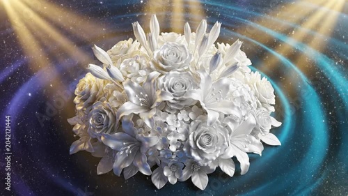 Luxurious 3D white floral arrangement in a dynamic cosmic background symbolizing beauty and serenity with golden sparkles