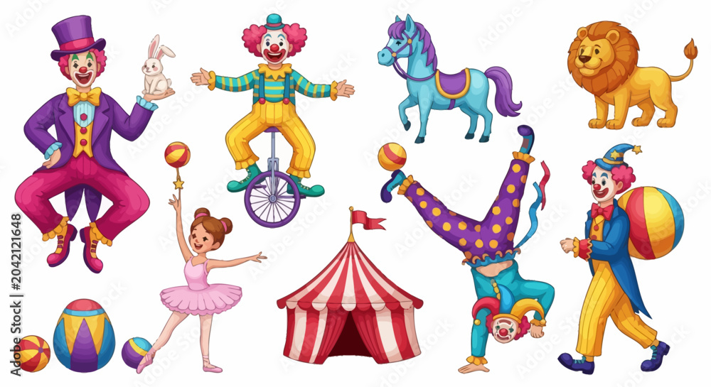 Naklejka premium Colorful cartoon circus characters and animals, fun illustration for kids, entertainment concept