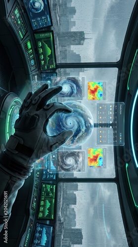 Advanced meteorology concept with hand manipulating 3D hurricane models and atmospheric analytics, Gen by AI