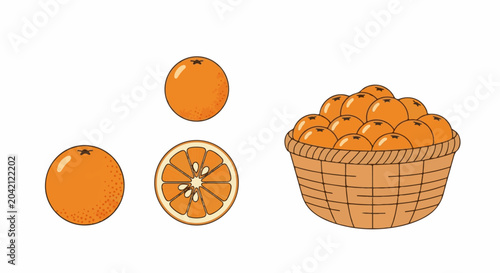 A basket filled with ripe oranges and two whole fruits and one sliced