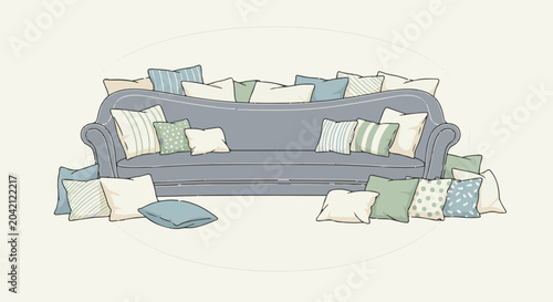 A blue sofa piled high with comfortable pillows in various patterns and colors