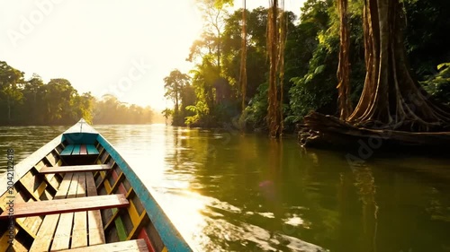 Tranquil boat ride along a river at sunrise with lush green rainforest on both sides