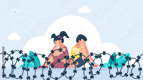 Sad little children sitting behind a barbed wire fence and crying covering faces, representing human rights violations, refugee crisis and lost childhood concepts. Flat illustration