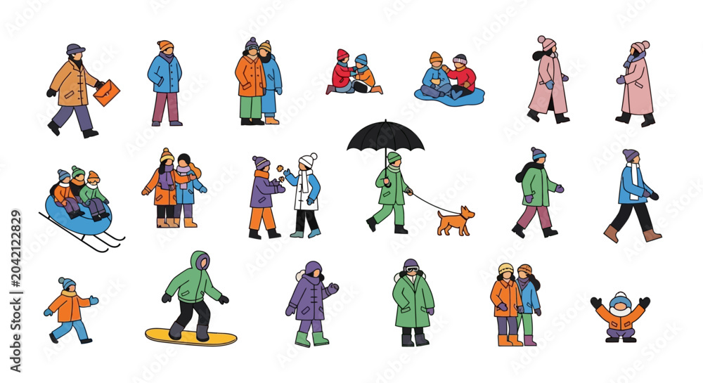 Fototapeta premium People walking in winter clothes, snow, cold weather icons, characters set