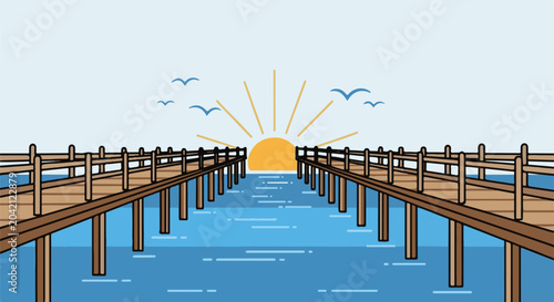 Two wooden piers jut into a tranquil sea under a clear sky at sunrise
