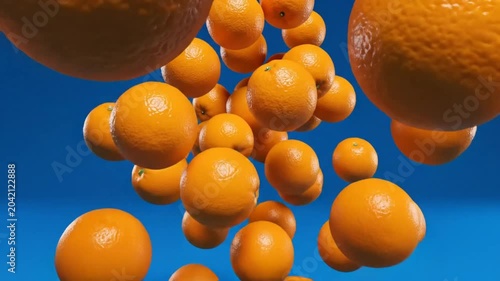 Creative 3D Render of Fresh Oranges Floating in a Group with Shiny Peel on Blue Background