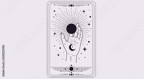 Photos Tarot card with mystical hand and celestial symbols, astrology concept, spiritua