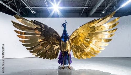 Futuristic metallic peacock sculpture with spread wings, reflective feathers glowing gold, blue, purple under spotlight, blending organic elegance and technological artistry in dramatic contrast.
