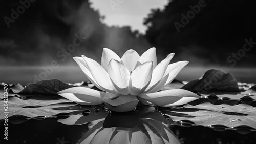 Black and white time lapse of a beautiful water lily opening on a misty pond with reflection