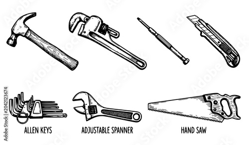 Tableau sur toile Black and white construction hand tools illustration set with workshop equipment