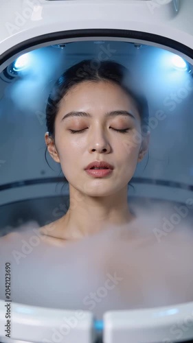 Young Asian woman with closed eyes inside a futuristic white cryotherapy chamber pod with blue light and icy mist, modern wellness biohacking and beauty treatment concept vertical