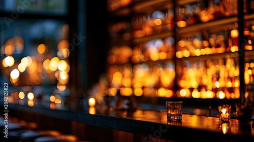 Cozy bar interior with blurred amber lights, spirits bottles, and a single glass