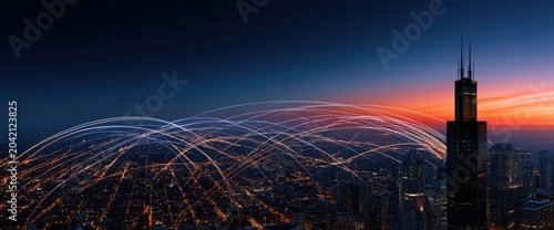 City skyline at dusk illuminated by glowing light trails connecting buildings
