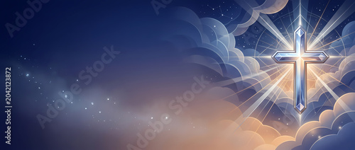 Stylized glowing christian cross in deep blue heavenly sky with radiant light rays and copy space panoramic background.