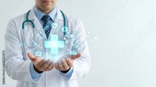 Doctor in white coat with stethoscope presenting glowing medical icons and a large digital cross, symbolizing health and innovation