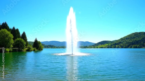 Scenic view of a tall water fountain spraying high into the clear blue sky over a tranquil lake with mountains and green trees in the background