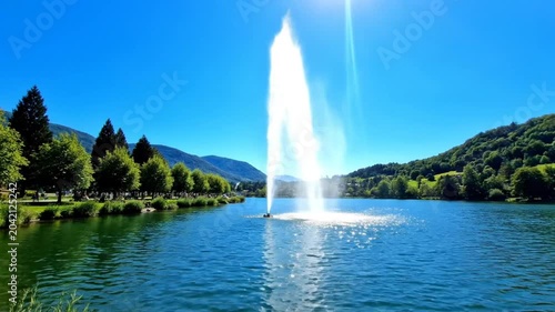 Scenic view of a tall fountain in a lake under a clear blue sky on a bright sunny day