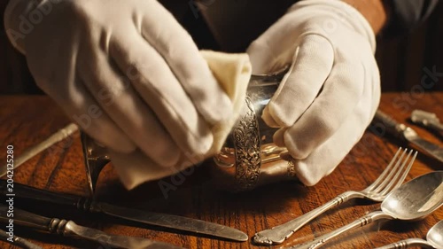 Person wearing white gloves carefully polishing a silver goblet and silverware on a wooden table for fine dining