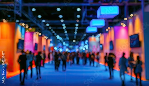 Vibrant, blurred exhibition hall with people and colorful illuminated displays