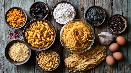 Assortment of pasta, grains, spices, eggs, garlic, and dried items