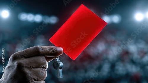 A hand holds a red card & whistle against a blurred stadium crowd