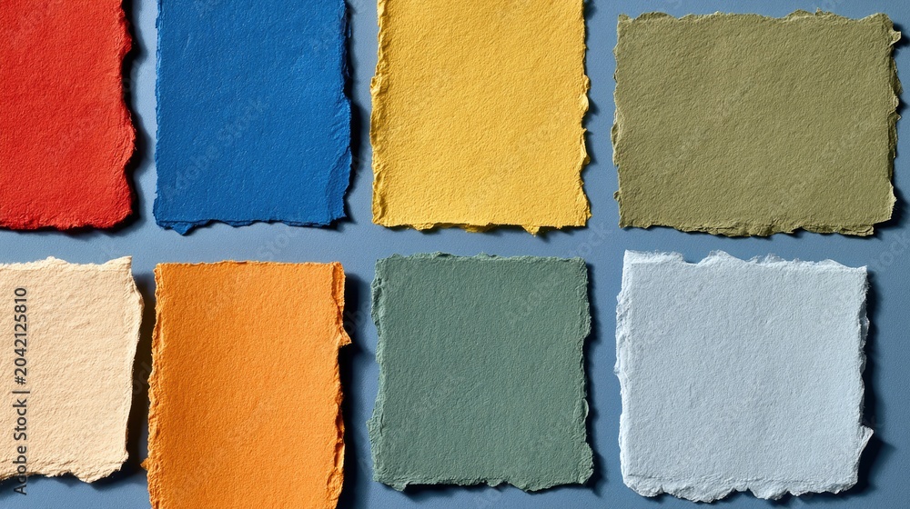 Fototapeta premium Eight textured paper swatches in varied earthy and vibrant colors arranged in two rows