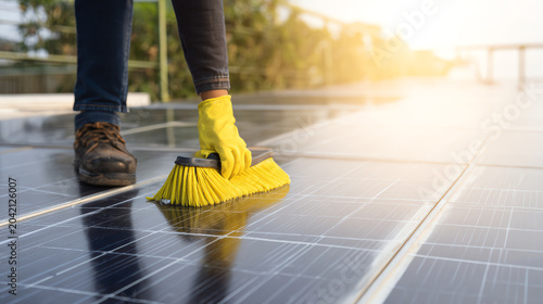 A technician cleans solar panels to ensure optimal energy production and efficiency in renewable energy systems.