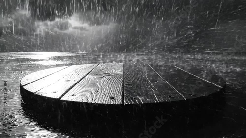 Black and white shot of a wooden spool in heavy rain with moody sky and water reflecting the drops