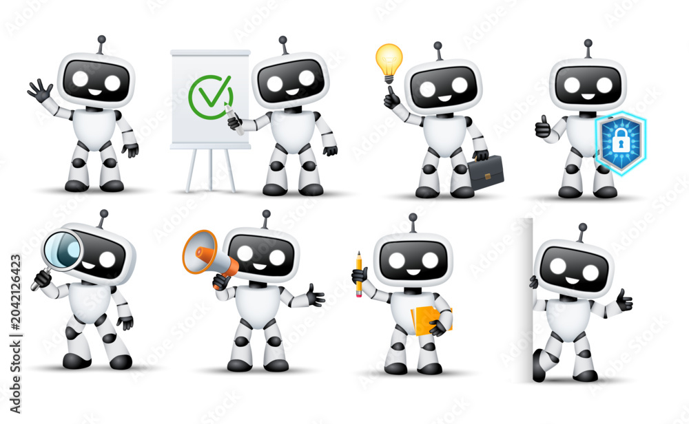 Fototapeta premium Vector set of ai robot character in different situations. Robot for illustration design on the theme ai.