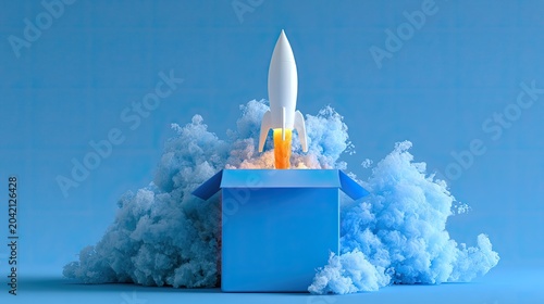 A white rocket blasts off from an open blue box surrounded by clouds