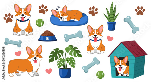 Corgi dogs and doghouse with plants, cute pet cartoon stickers, animal background