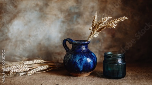 Rustic still life arrangement features deep blue pottery holding dried grain stalks beside a textured glass container.