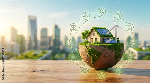 Sustainable eco-friendly house powered by renewable energy sources like solar and wind, against a backdrop of a modern city skyline.
