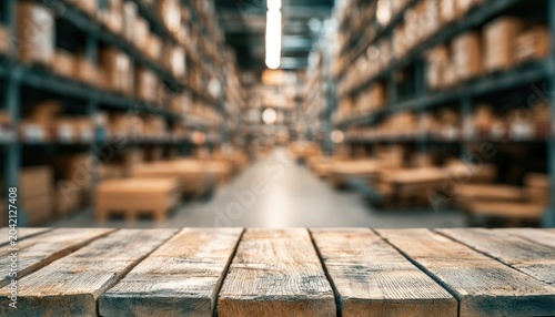 Blurry rows of shelves filled with boxes in a dimly lit, vast warehouse
