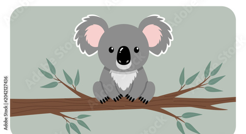 Photography Cute koala on tree branch, eucalyptus leaves, illustration for kids, educational