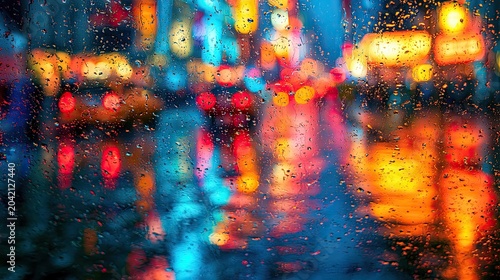 Abstract blur of city lights reflected on a wet window at night