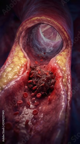 Circulatory obstruction process: blood coagulation, thrombus develop, arterial plaque, vessel narrowing, flow restriction, health risk, medical condition, atherosclerosis visualize.