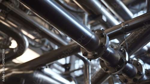 unsaid. Close-up of industrial furnace steel structure, intricate network of pipes and valves. safety posters, maintenance manuals, designed for industrial assembly lines and welding operations.